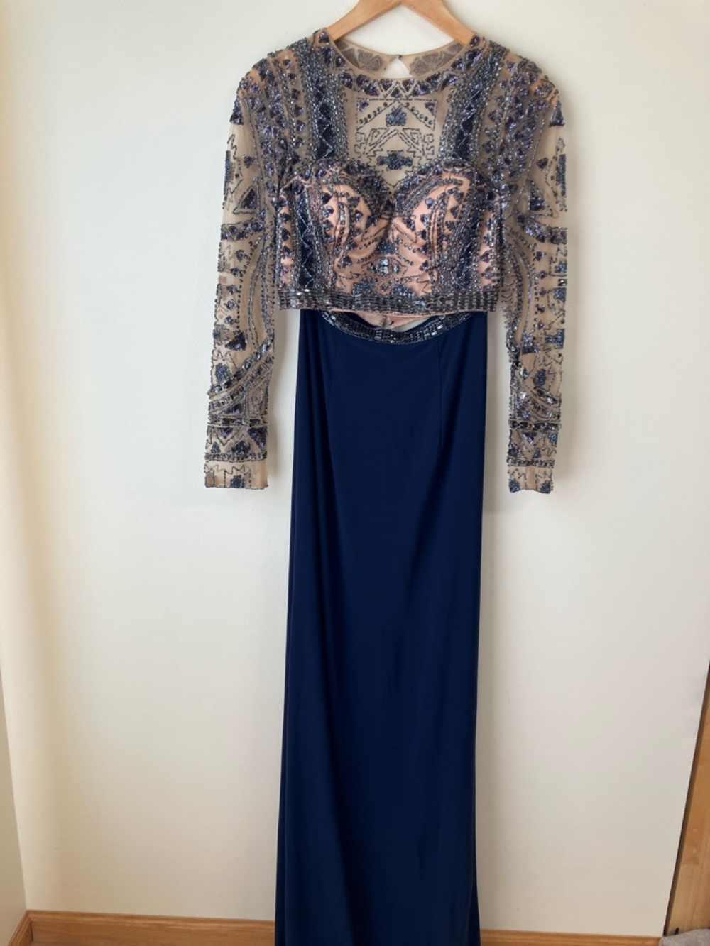 Sherri Hill Navy & Nude Beaded Two-Piece Long Sleeve Prom/Evening Gown